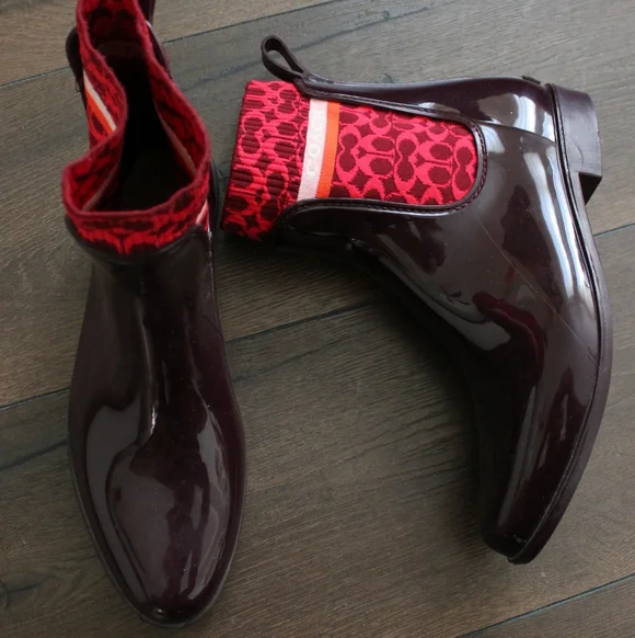 Coach Burgundy Patent Rain Chelsea Boots with Red Signature Sock - Picture 2 of 8